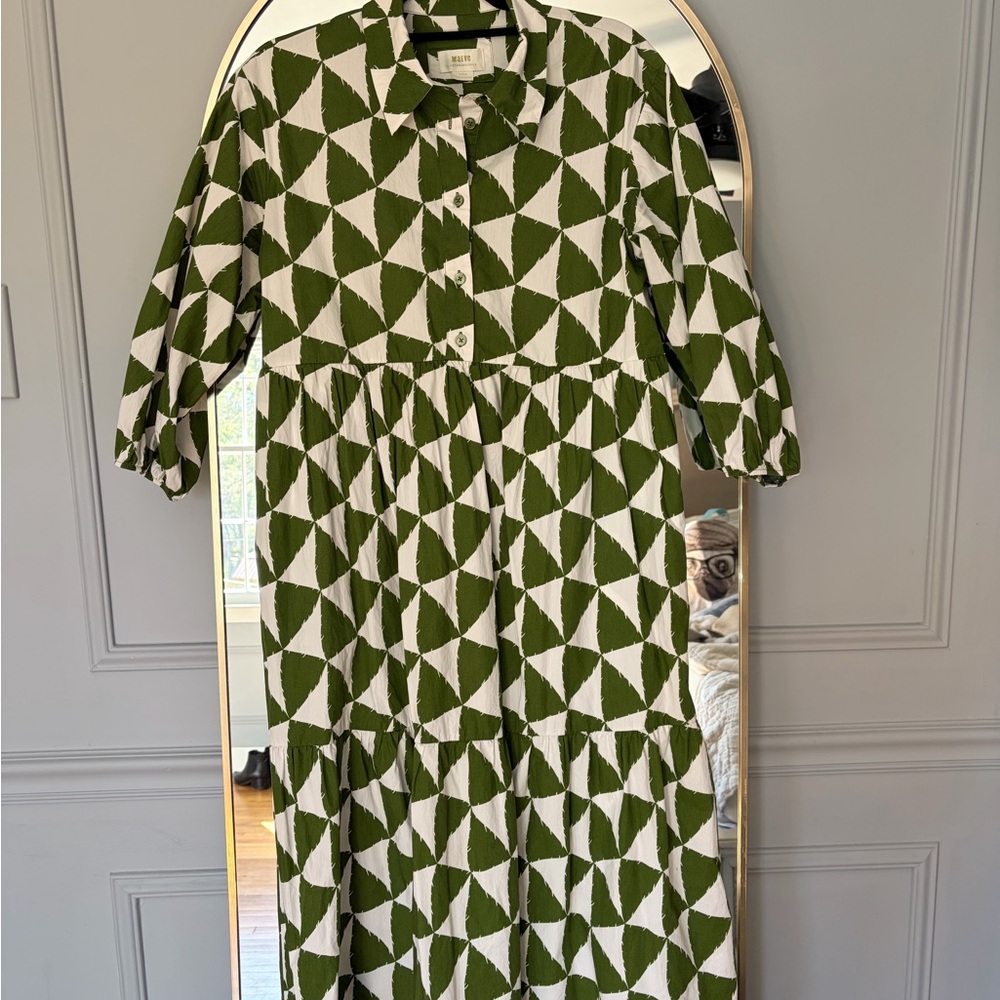 Anthropologie Maeve Green & White Geometric Button-Up Tiered Maxi Dress